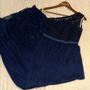 David's Bridal Blue Pleated One Shoulder Gown